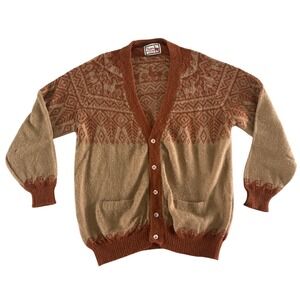 Vintage Alpaca Cardigan Sweater Handmade in Peru Fair Isle Pockets Brown‎ Unisex